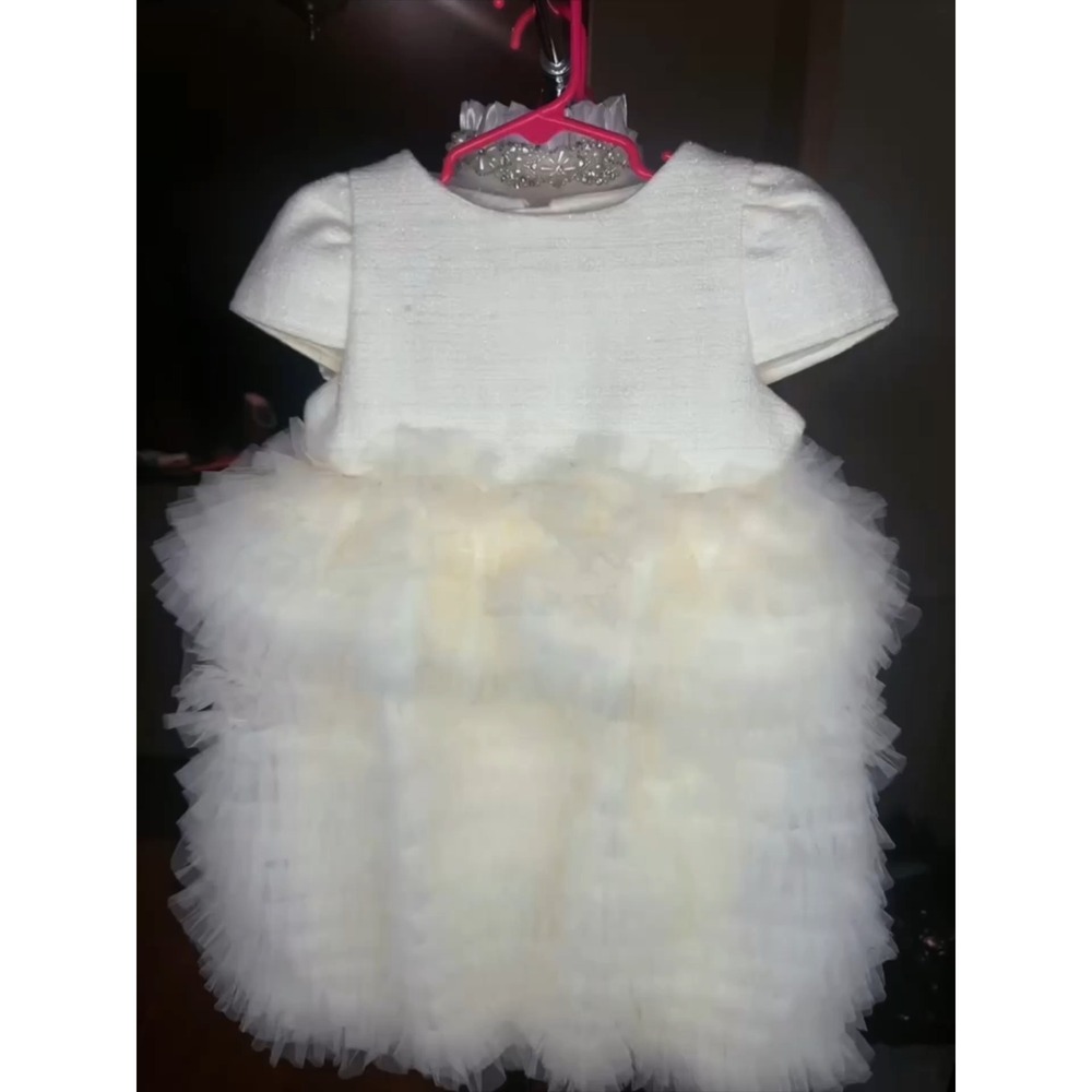 Boutique Flower Girl Dress ChampagneTulle 3DRosette Pearl Accents Formal Wedding